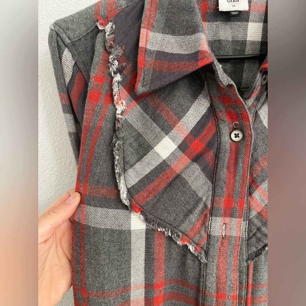 CAbi Plaid Tavern Shirt Fringe Detail Red Gray Size M - Picture 2 of 11